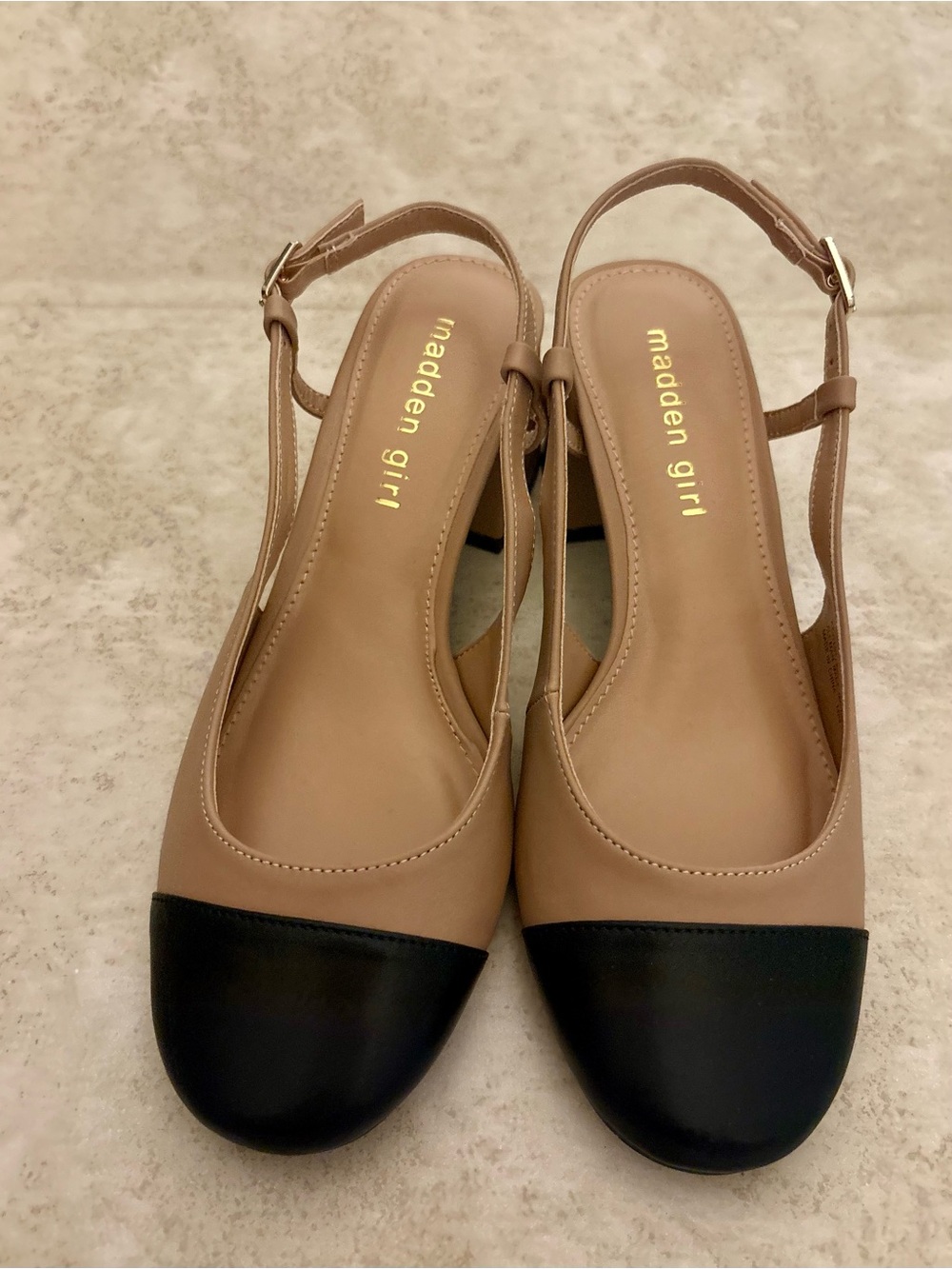 Madden Girl Two-Tone Slingback Block Heel in Beige and Black - Picture 2 of 6